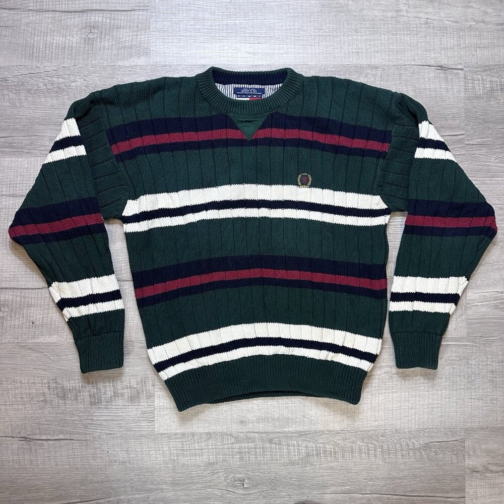 Vintage Tommy Hilfiger Sweater Mens M Striped Crest Crewneck 90s Chunky Knit
